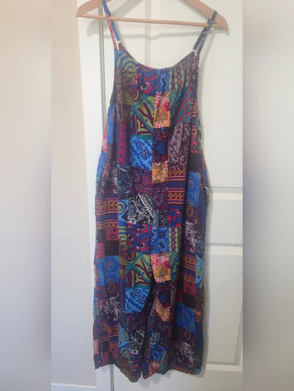 Boho Patchwork Overalls Wide Leg Jumpsuit Colorful Pockets Festival Hippie Med